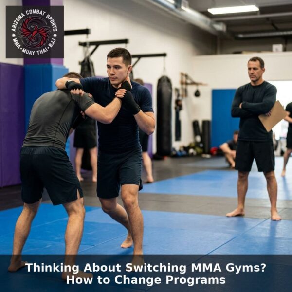 Adult MMA athlete transitioning from a standing strike into a clinch position with a coach observing at Arizona Combat Sports in the East Valley, Arizona