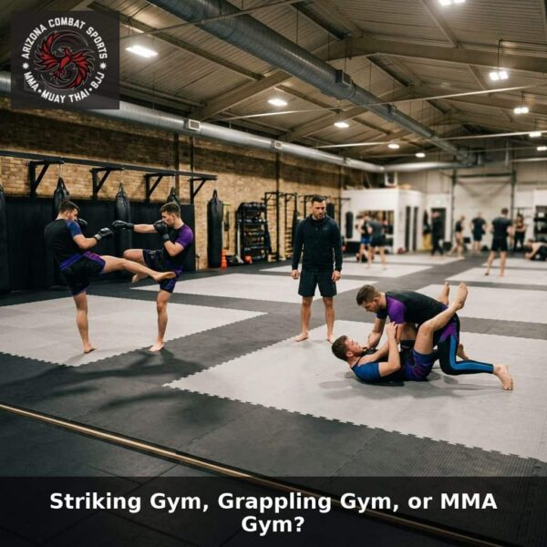 Wide gym view of an integrated MMA class at Arizona Combat Sports showing striking drills and ground grappling on the same mat, Arizona