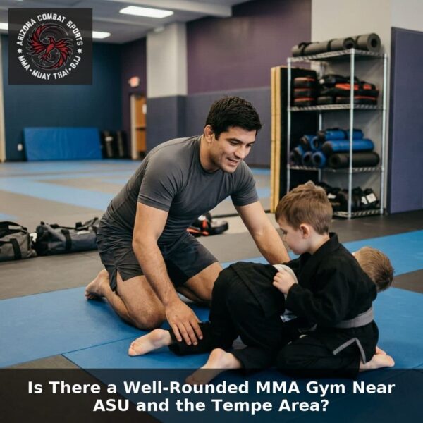 Two athletes drilling clinch work near an MMA cage at an East Valley gym in Arizona, with a Tempe skyline visible through large windows - Arizona Combat Sports