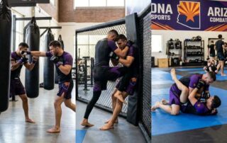 Arizona Combat Sports MMA gym floor showing striking bags, clinch cage work, and ground grappling mats for well-rounded MMA training in Arizona