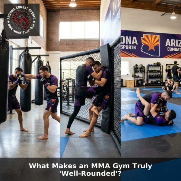 Arizona Combat Sports MMA gym floor showing striking bags, clinch cage work, and ground grappling mats for well-rounded MMA training in Arizona